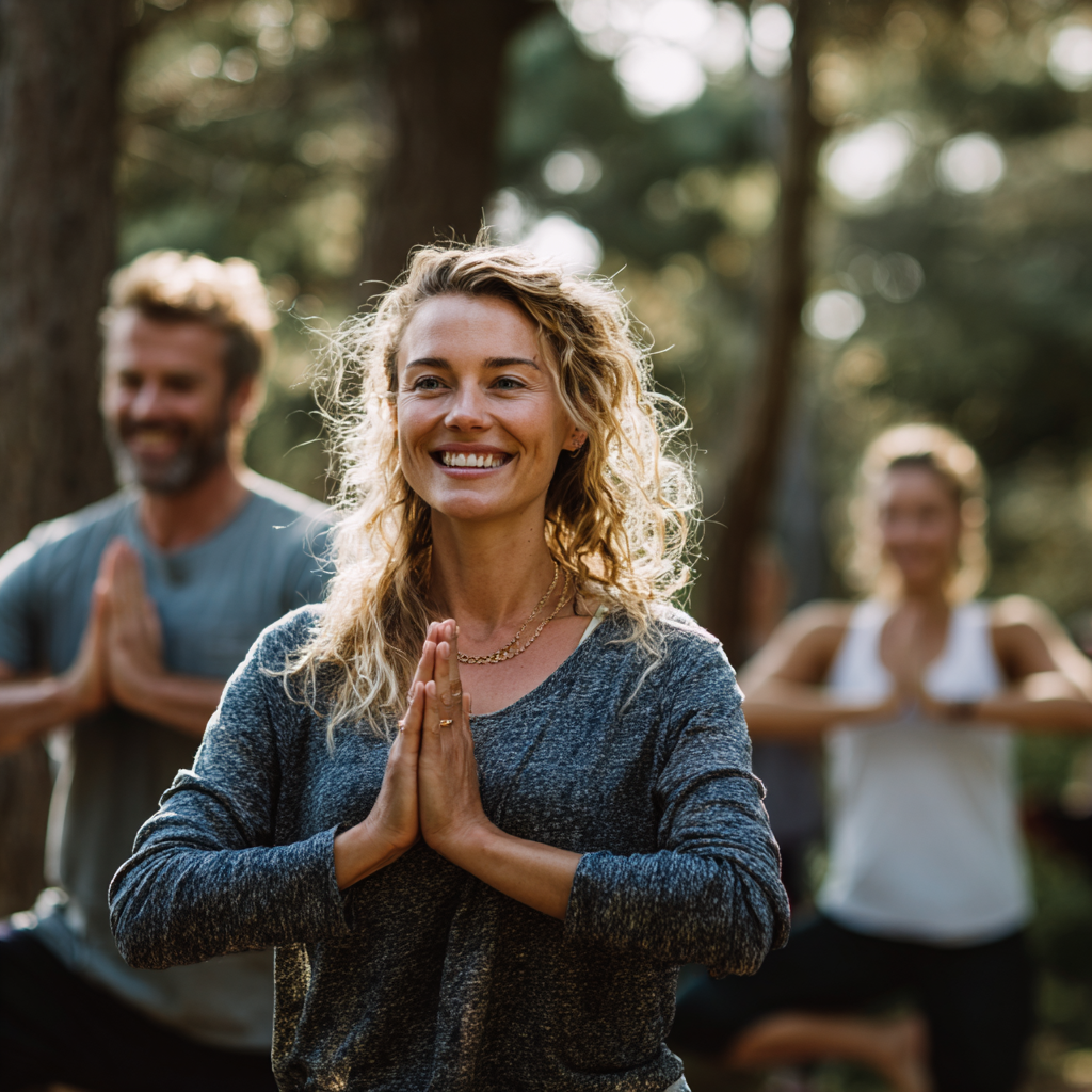 Magyar származású felnőttek különböző korcsoportokból jóga pózokat gyakorolnak egy ipari stílusú téren